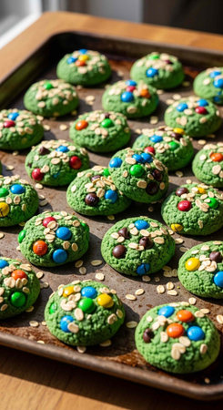 A baking tray filled with freshly baked green cookies topped with colorful candy and oats