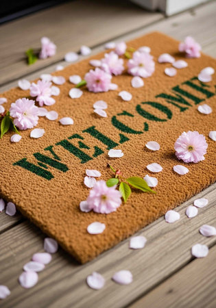 A welcome mat with pink flowers and petals on a wooden porchの写真素材