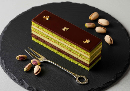 A layered cake with chocolate and pistachio on a black slate plate with a fork and scattered nuts
