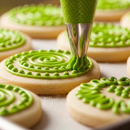 A pastry chef decorates round sugar cookies with vibrant green frosting in a spiral design
