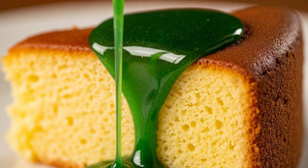 A slice of cake being drizzled with green icing on a white plate