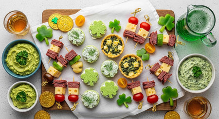A beautifully arranged platter of appetizers and snacks for a St. Patrick's Day celebration with...