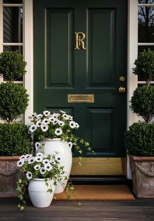 A beautifully decorated front door with white flowers and green plants on a sunny dayの写真素材