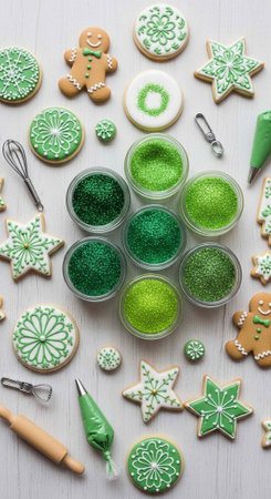 A festive arrangement of green frosted Christmas cookies and baking supplies on a white surface