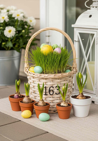 A wicker basket filled with Easter eggs and grass sits on a porch with potted plants and a lantern.