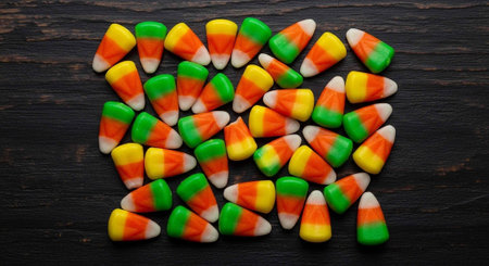 A vibrant assortment of colorful candy corn on a dark wooden surface