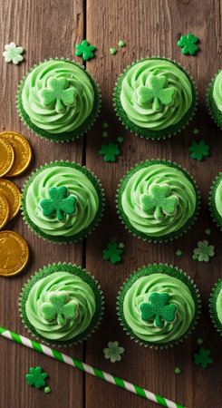 A festive arrangement of green cupcakes with shamrocks and gold coins on a wooden table for St....