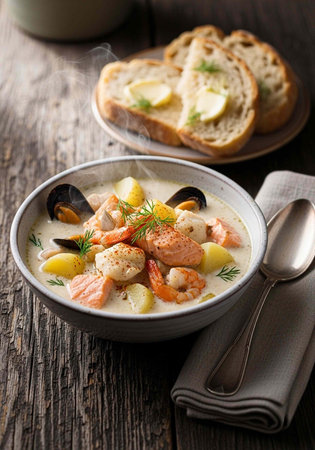 A steaming bowl of seafood chowder with bread on a rustic wooden table