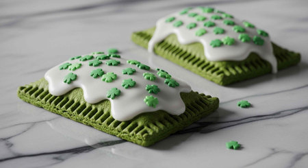 Two green frosted pop tarts with shamrocks on a marble countertop for St. Patrick's Day