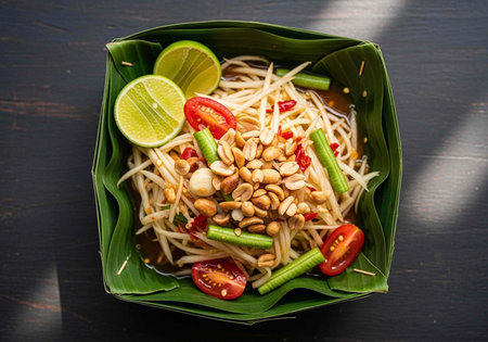 A vibrant and healthy Thai salad served in a green banana leaf bowl on a dark wooden table