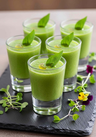 A refreshing serving of green smoothies garnished with herbs on a black slate plate