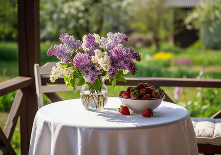 A vase of lilacs and a bowl of strawberries on a table outside in a garden
