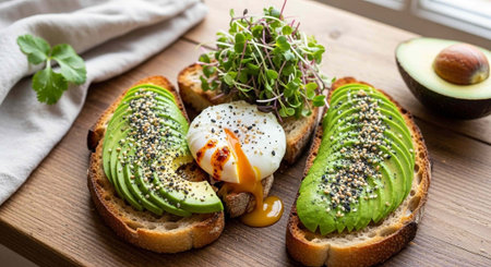 A delicious breakfast of avocado toast with poached egg and microgreens on a wooden table