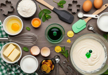 A kitchen table with various ingredients and baking tools for making a cake or dessert