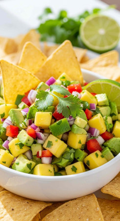 A vibrant bowl of fresh mango salsa with tortilla chips on a clean white background