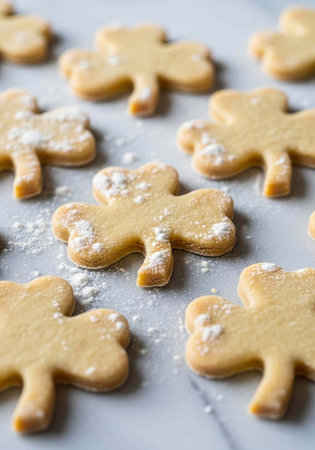 A batch of freshly baked snowflake cookies dusted with powdered sugar on a marble surface