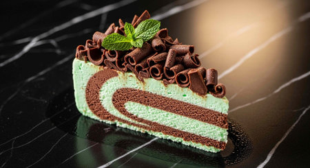 A slice of chocolate and mint cake on a black marble surfaceの写真素材