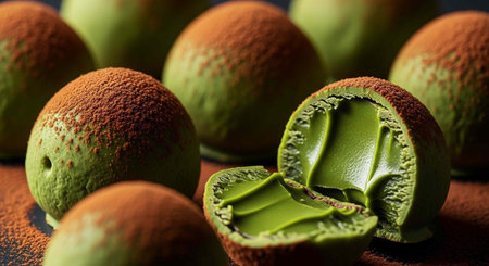 A close-up of green matcha truffles with brown cocoa powder coating on a dark surface