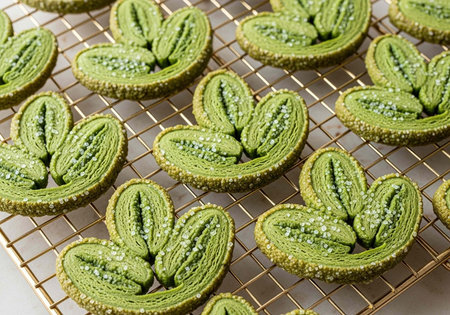 A batch of freshly baked matcha green tea cookies on a cooling rack