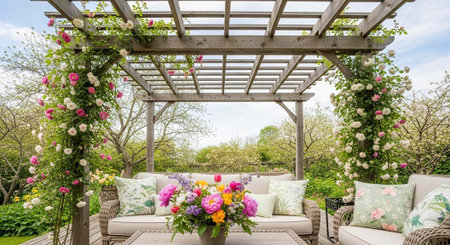 A serene outdoor seating area under a floral pergola in a lush garden on a sunny day