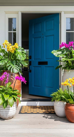 A blue front door with potted plants and flowers on the porch of a house
