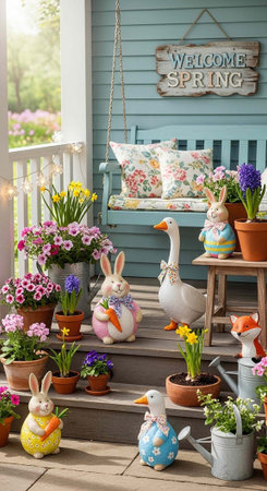 A charming spring porch decorated with colorful flowers, bunnies, and ducks on a sunny day