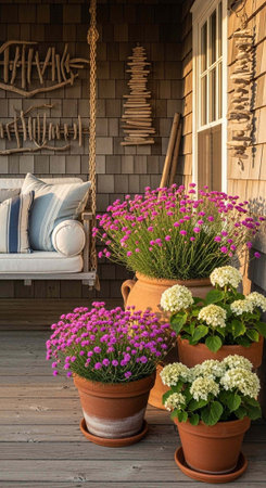 A serene porch with a swing and vibrant potted flowers on a sunny day
