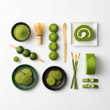 A beautifully arranged selection of green tea desserts and ingredients on a white background