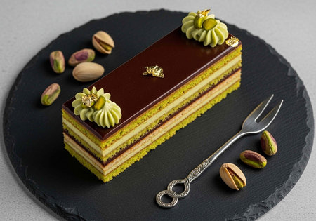 A beautifully decorated slice of cake with chocolate and pistachio toppings on a black slate plateの写真素材