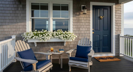 A cozy oceanfront porch with two Adirondack chairs and a small table