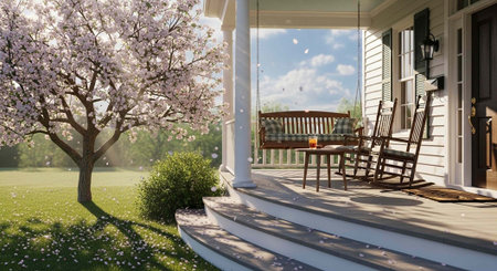 A serene front porch with a swing and rocking chairs under a blooming tree on a sunny day
