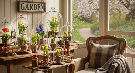 A cozy indoor garden scene with a wicker chair and a wooden table filled with potted plants and...