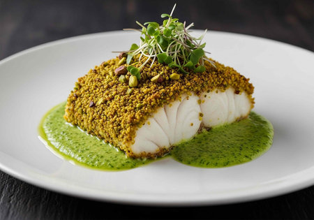 A delicious piece of fish with green sauce and microgreens on a white plate