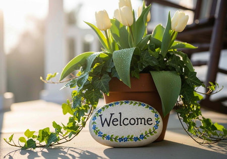A beautiful potted plant with white tulips and a welcome stone on a table outside