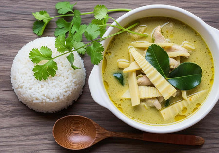 A bowl of delicious Thai green curry with chicken and bamboo shoots served with steamed riceの写真素材