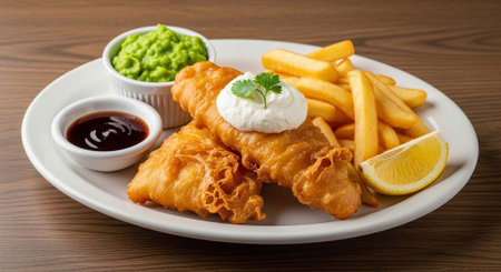 A plate of traditional fish and chips with mushy peas and tartar sauce on a wooden table