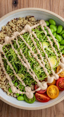 A healthy bowl of quinoa salad with vegetables and sauce on a wooden table
