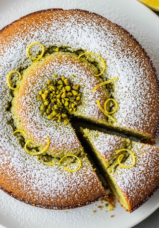 A delicious lemon cake with powdered sugar and pistachios on a white plate
