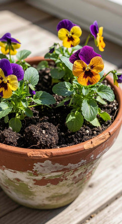 A vibrant pot of colorful pansies sitting on a wooden deck in natural sunlight