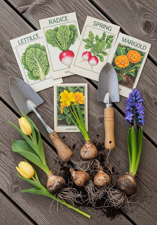 A collection of gardening tools and seed packets on a wooden table with flowers and bulbs