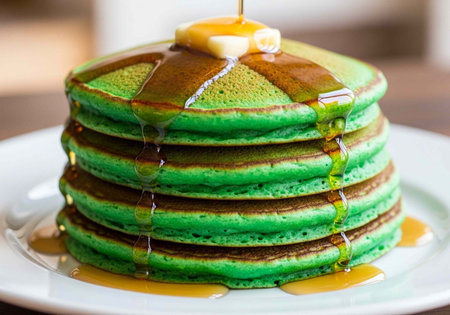 A stack of green pancakes with syrup and butter on top, served on a white plateの写真素材