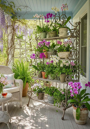A serene outdoor patio with a wrought iron plant stand filled with vibrant orchids and other plantsの写真素材