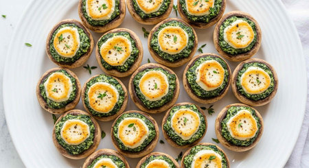 A plate of appetizing mini mushroom pinwheels filled with spinach and cheese on a white plate