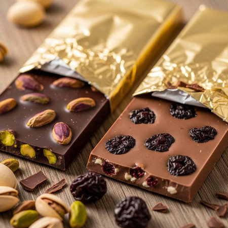A delicious assortment of gourmet chocolates with nuts and dried fruits on a wooden table
