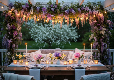 A beautifully set table in an outdoor dining area with a floral arch and candles at dusk