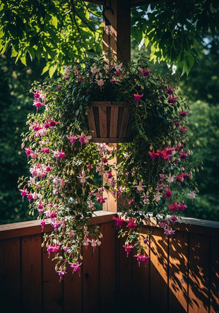 A beautiful hanging basket of pink flowers on a wooden deck in a serene outdoor setting