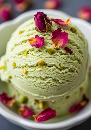 A scoop of creamy pistachio ice cream garnished with rose petals and pistachios in a white bowl