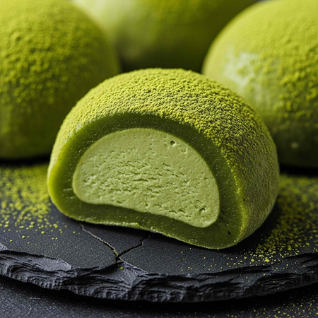 A delicious matcha mochi dessert on a black slate plate with green tea powder