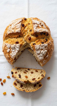 A delicious loaf of homemade raisin bread with slices cut and placed on a white surface