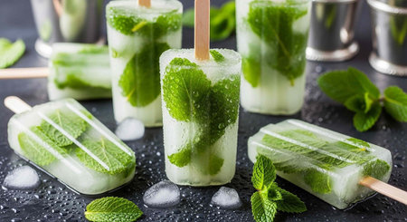 A refreshing arrangement of minty popsicles on a dark surface with ice cubes and fresh mint leaves